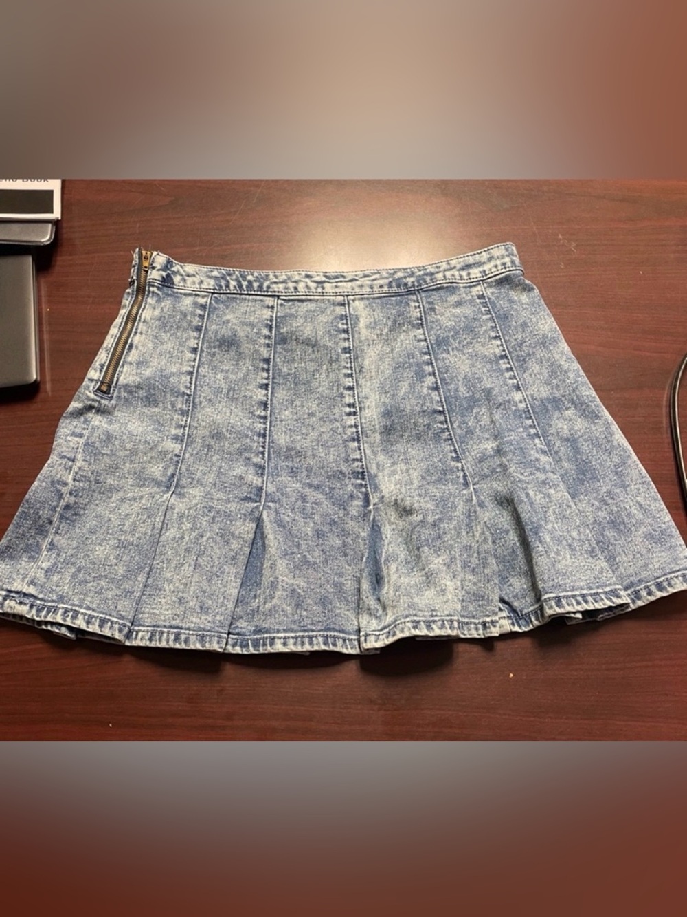 No Boundaries Light Blue Acid Wash Pleated Mini Skirt